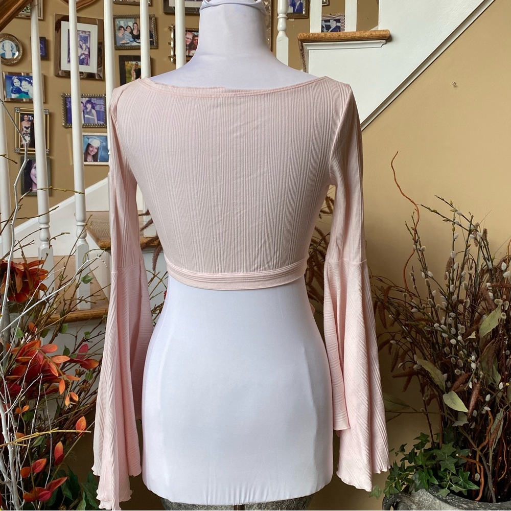 Free People Intimatelt Small Pink Fauc Wrap Side Tie Bell Sleeve Crop Top. - Picture 2 of 5